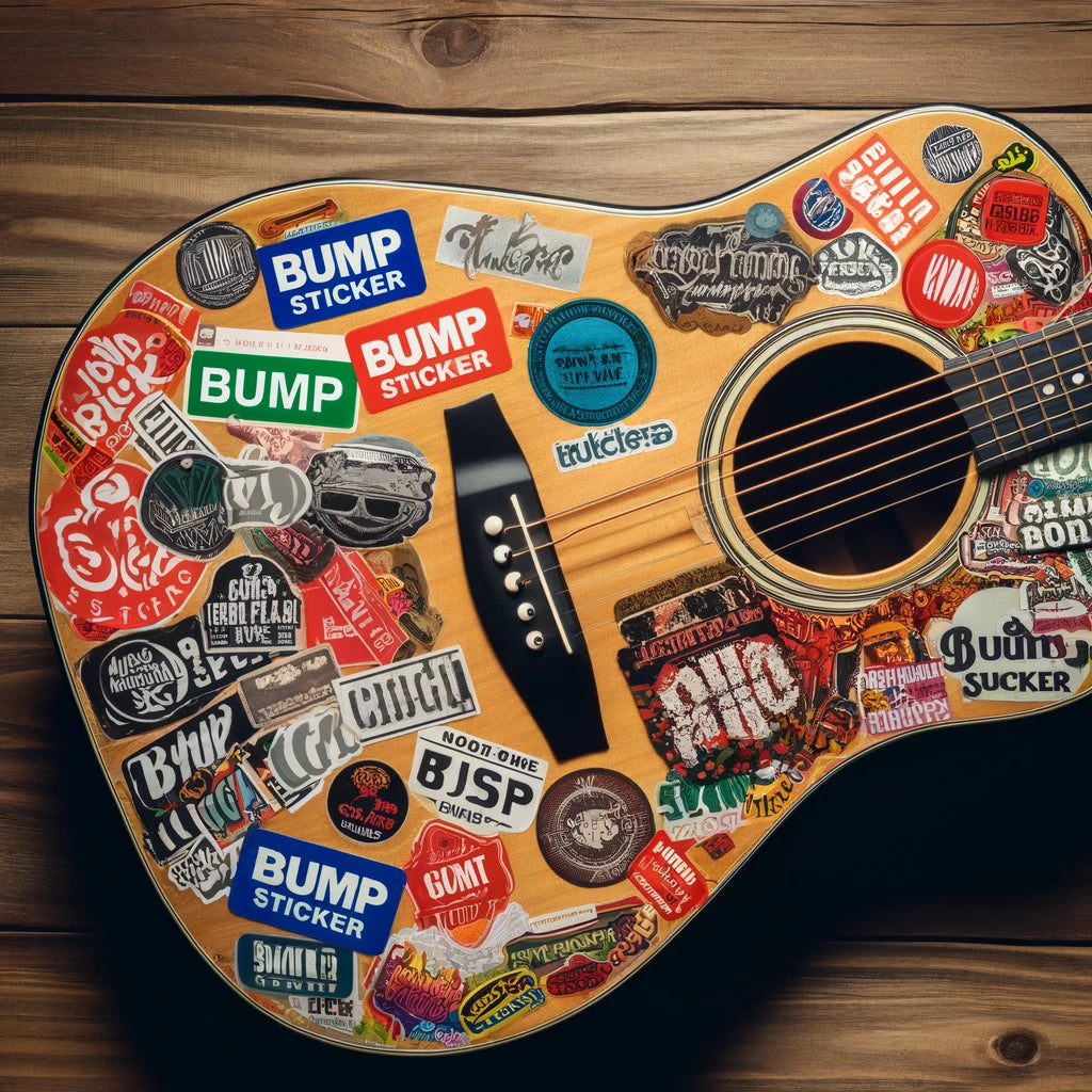 An acoustic guitar covered in stickers that says BUMP Sticker on them - AI generated