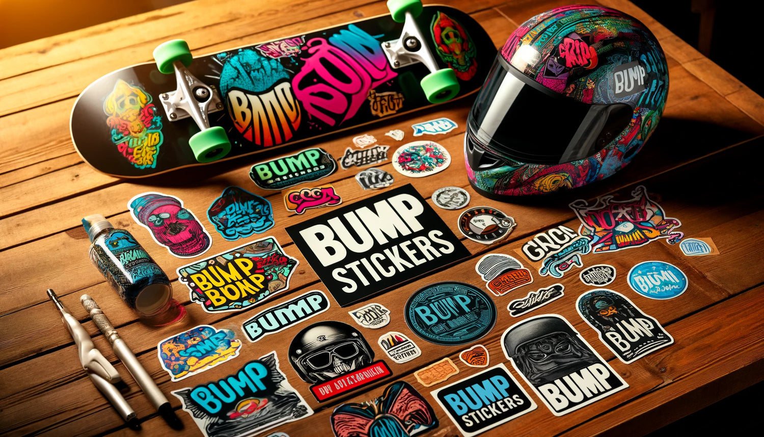 ai image of stickers all saying BUMP on a table next to skateboard and helmet