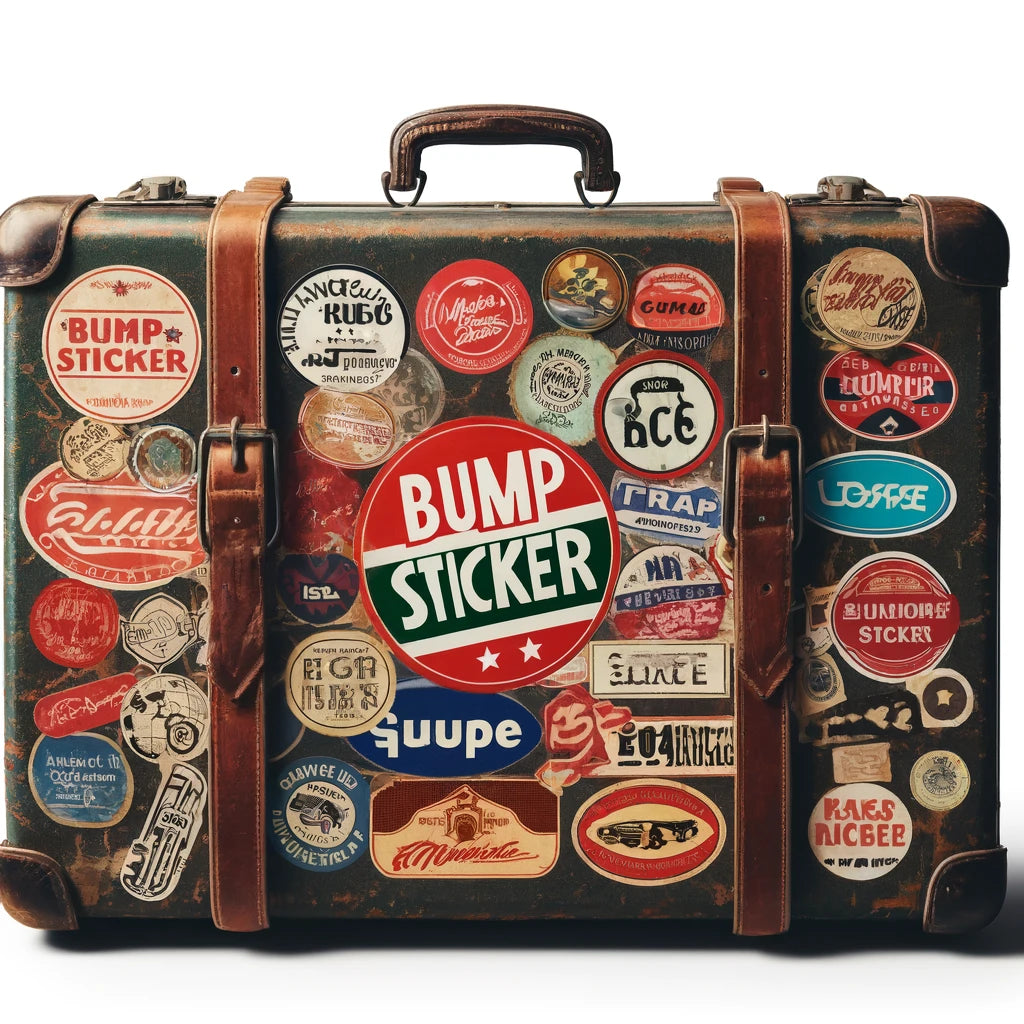 an old suitcase with loads of vintage looking stickers all saying BUMP STICKER. Ai created