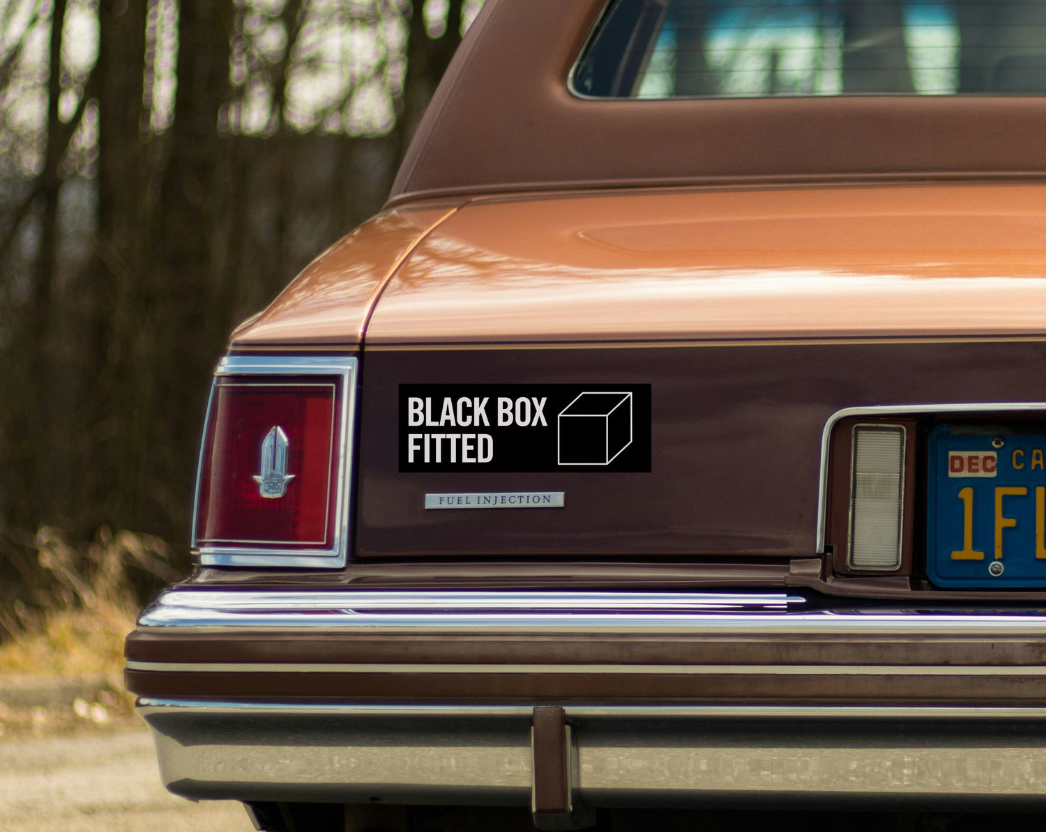 black box fitted car sticker on a vintage brown car