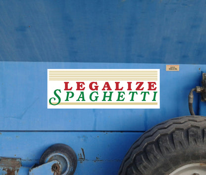 Bumper sticker with 'LEGALIZE SPAGHETTI' text on a van